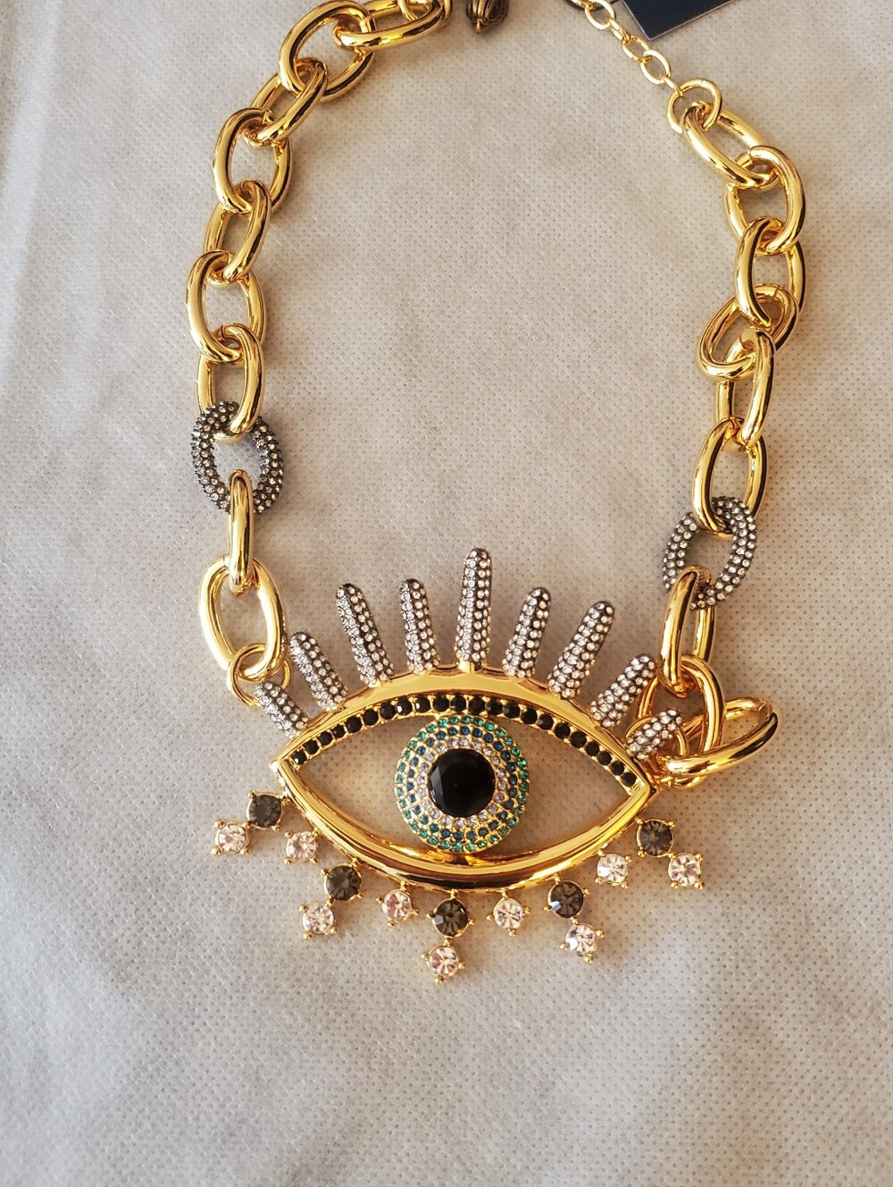 KURT GEIGER *Rare Find* Large Gold Evil Eye Statement Necklace W/Crystal Accents